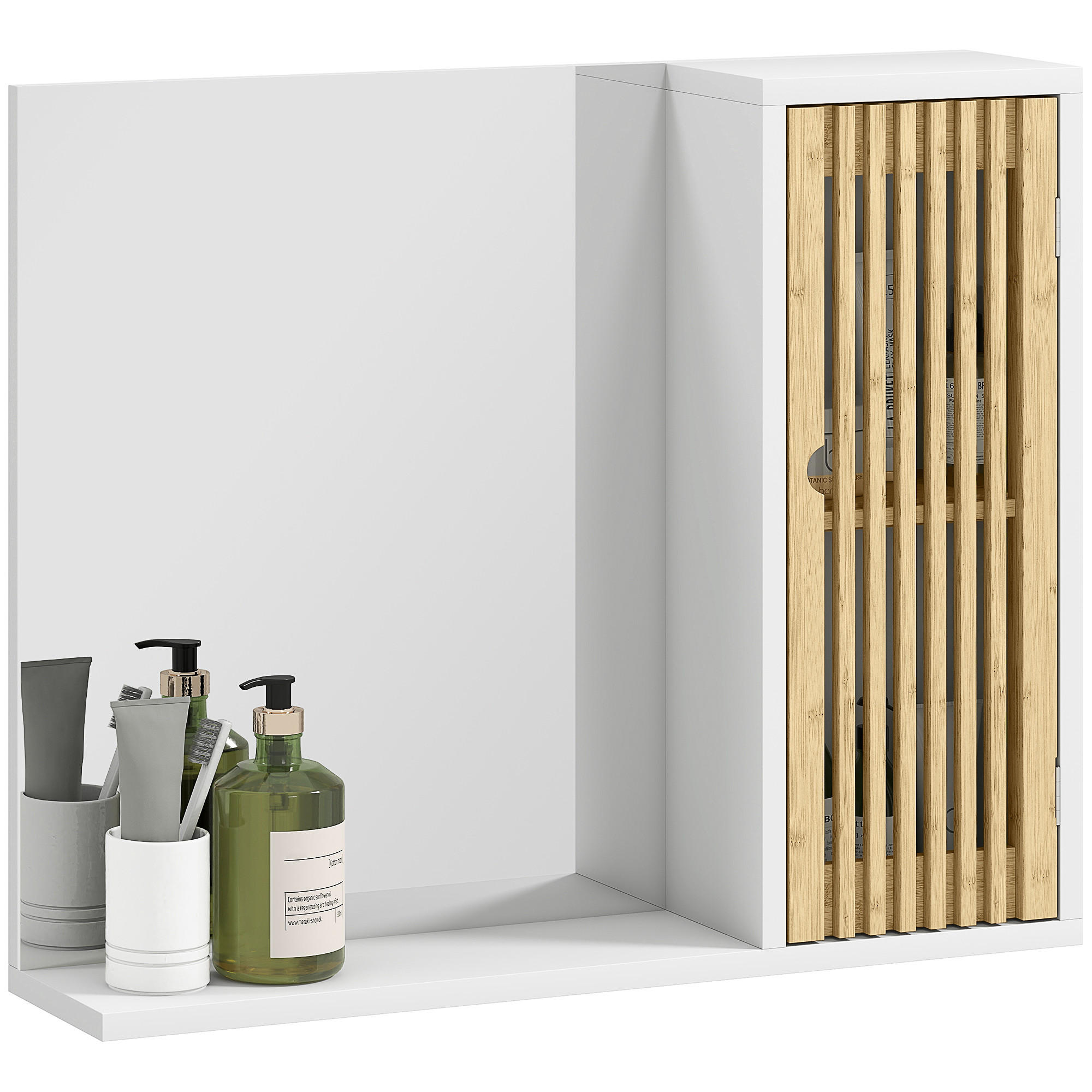 SPIEGELSCHRANK ,Wandspiegel mit Bambuslamellentür und Ablagefächern, 60x50 cm ,weiß und natur - Weiß, Glas (60/50/14cm) - Vallsero