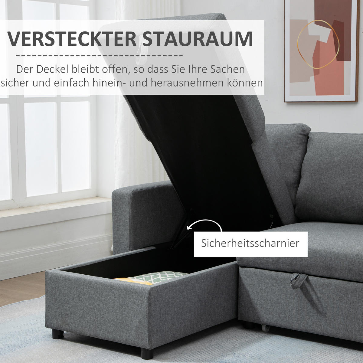 ECKSOFA mit Schlaffunktion Stauraum Eckcouch mit Chaiselongue Schlafsofa L-Form - Hellgrau/Schwarz, Kunststoff/Textil (146/211.5cm) - HOMCOM