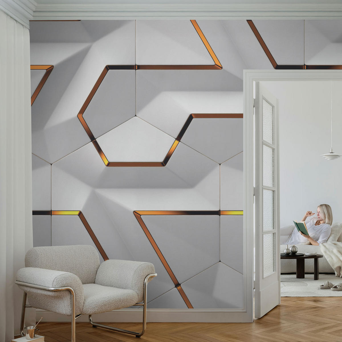 FOTOTAPETE 104x70 cm - Dreidimensionale Muster - Weiß, Textil (104/70cm) - Wallfluent