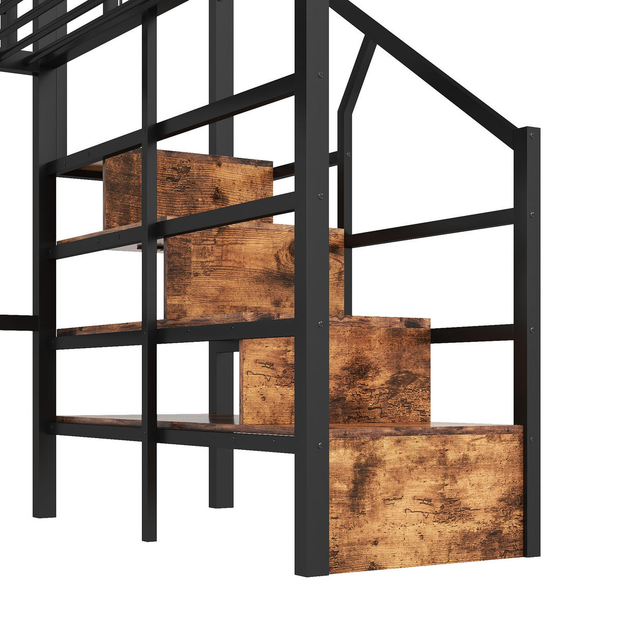 HOCHBETT 140/200 cm in Schwarz mit Stauraumtreppe und LED - Schwarz, Holzwerkstoff/Metall (140/200cm) - STILVORA