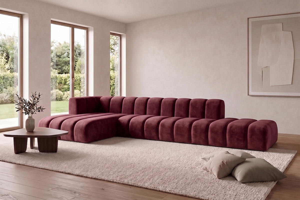 ECKSOFA Modulares In L-Form Mit Hocker, Velvet-Stoff Riviera, Rotwein, Links, GRAND - Dunkelrot, Holz (386/179cm) - Kaiser Möbel