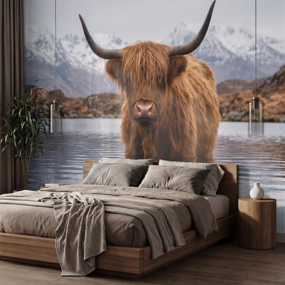 TAPETE - Schottischer Hochländer - Braun - Wasser - 450x300 cm - Braun, Papier (450/300cm) - OnlyWow