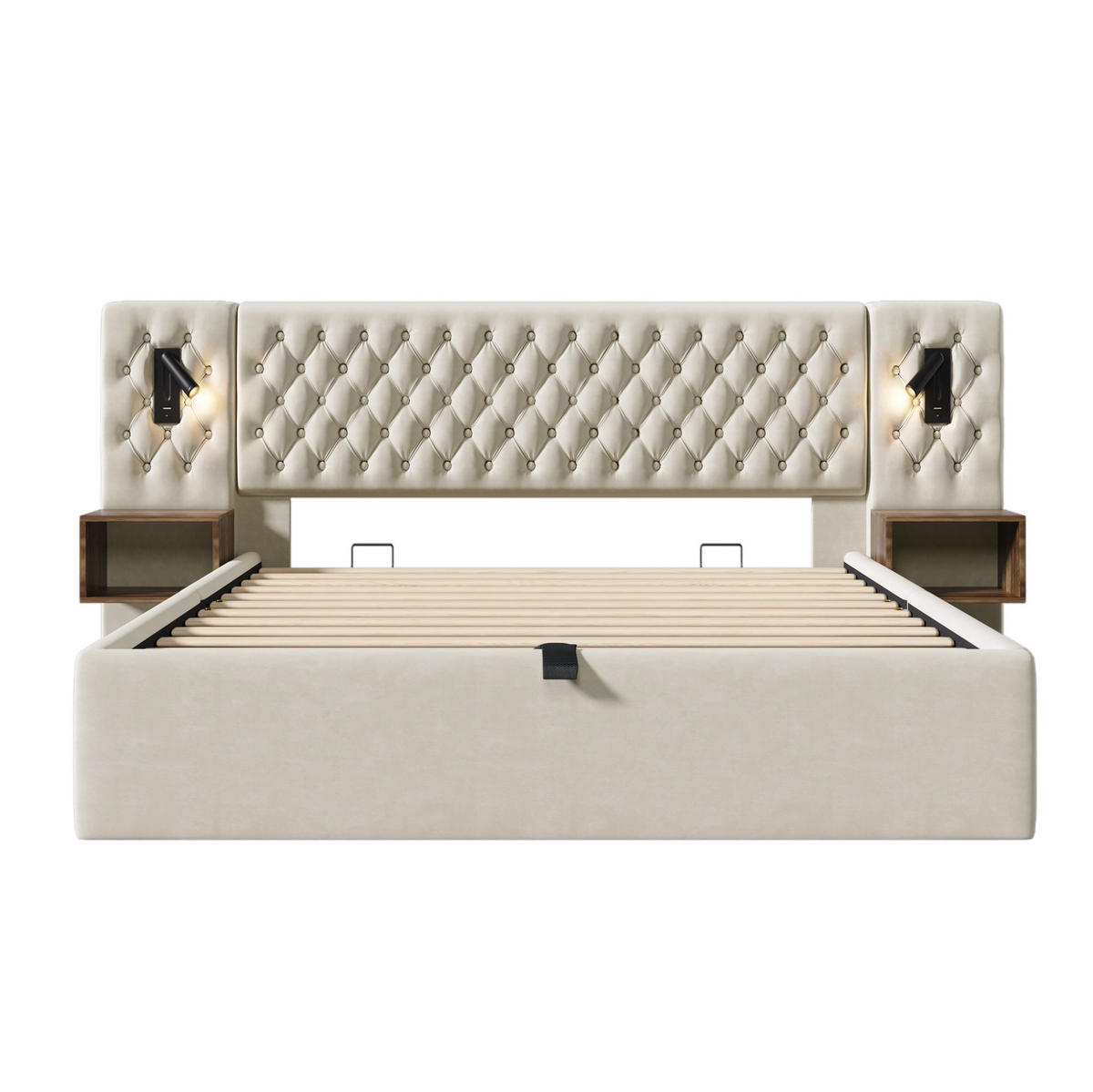 ČALÚNENÁ posteľ z velúru 160x200 cm béžová s hydraulickým úložným priestorom, LED lampou a USB/Type-C - béžová, textil (160/200cm) - Modfu