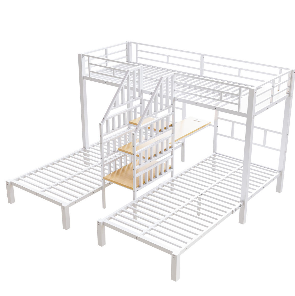 ETAGENBETT 3 Betten 90/200 cm, Weiß mit LED, USB, Schreibtisch - Weiß, Metall (90/200cm) - MIVRAY