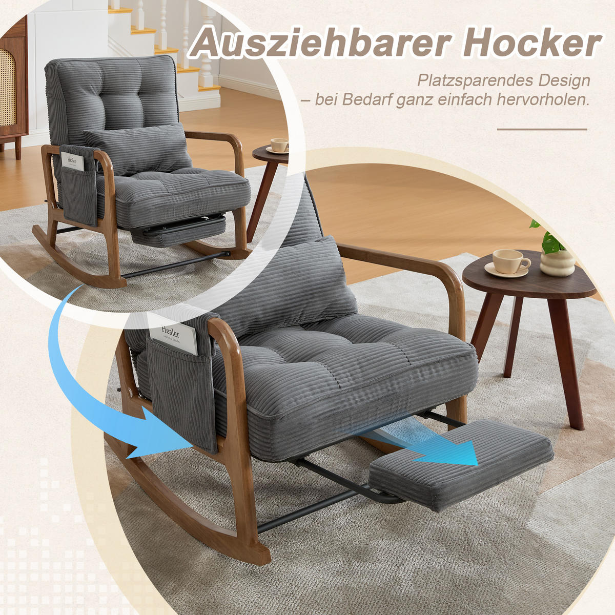 SCHAUKELSTUHL Relaxsessel mit Fußstütze,verstellbarer Rückenlehne,Cord,Grau - Grau, Textil (70/92/80cm) - LVHOM