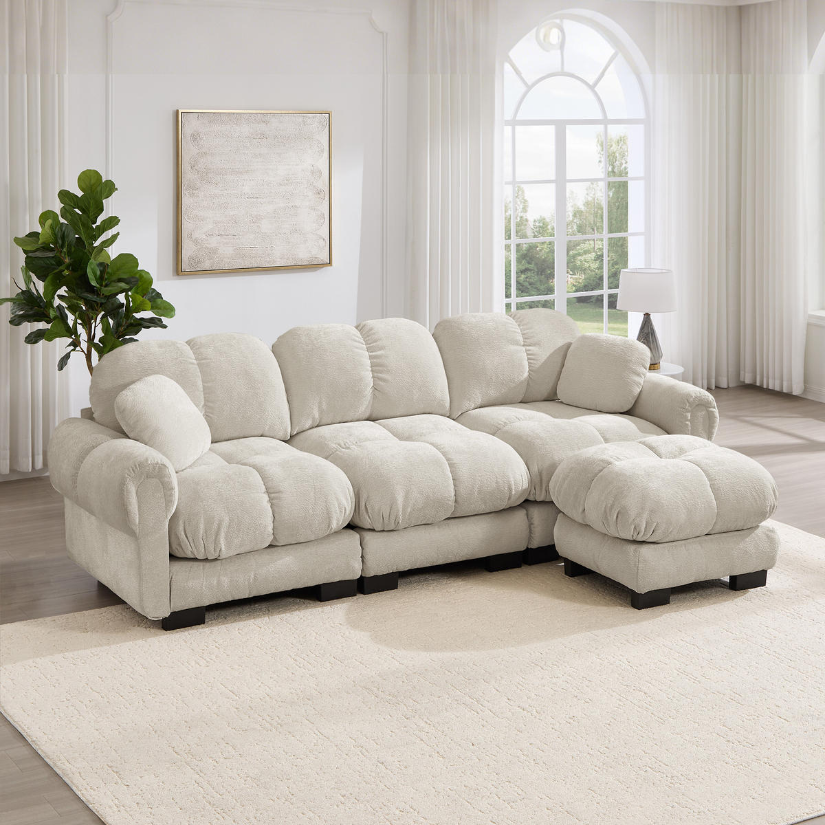 ECKSOFA DE-34384 L-Form mit Ottoman und Steppdesign Hellkhaki - Sandfarben, Textil (149/260cm) - ComfortXL