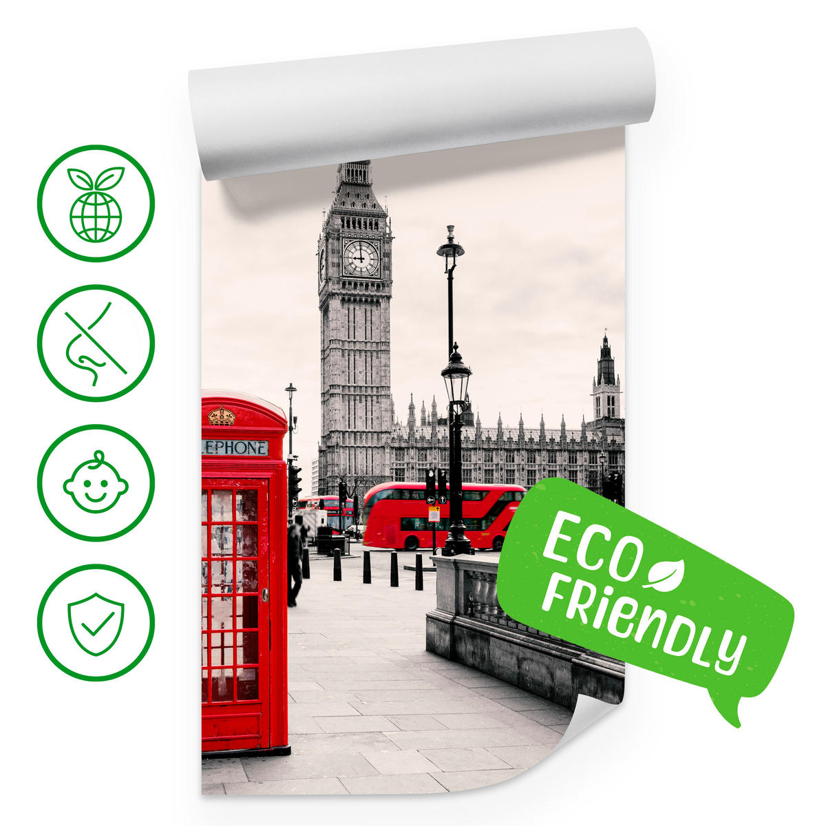 FOTOTAPETE für Wohnzimmer Rote Telefonzelle London BIG BEN Bus 400x280 - Beige/Rot, Papier (400/280cm) - Muralo