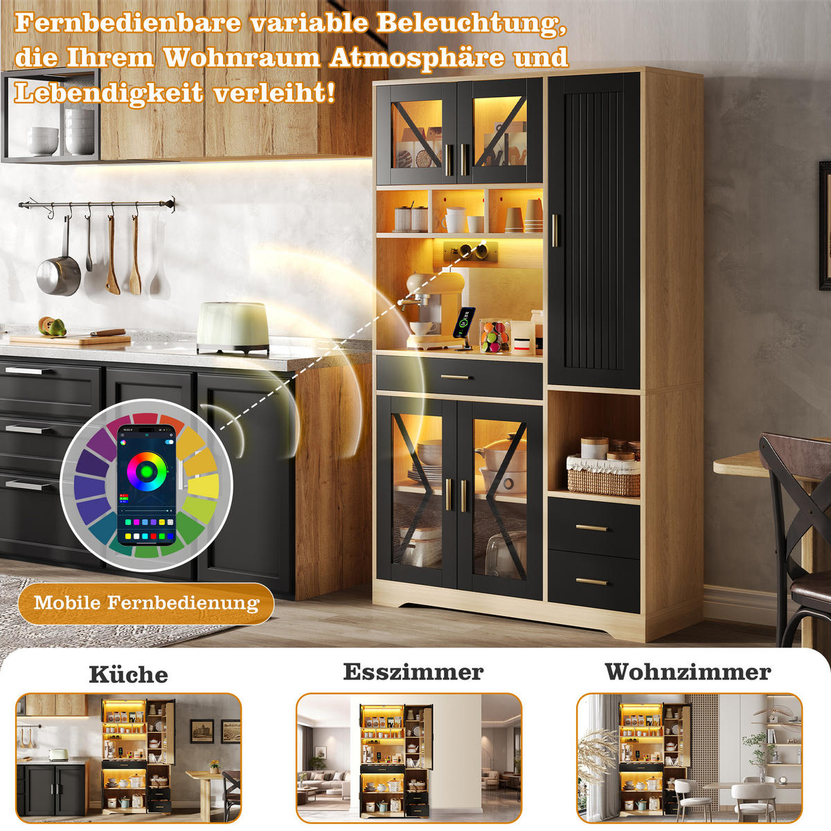 BUFFET 105/39/185 cm Schwarz mit farbwechselnder LED-Beleuchtung und 2 Schublade - Naturfarben, Holz (105/185/40cm) - Oxeza