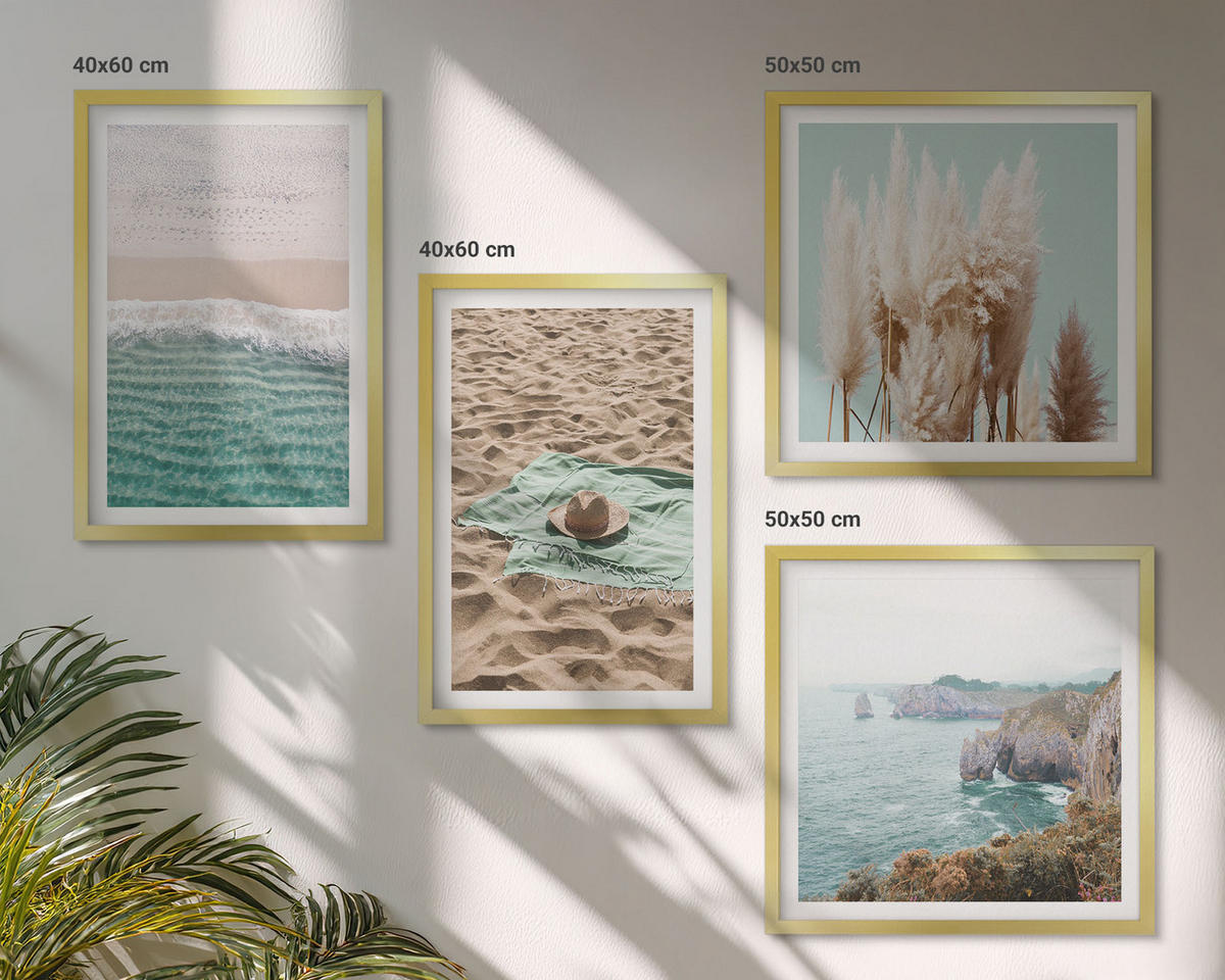 BILDER SET 4er Set - 50x50 cm & 40x60 cm Goldrahmen - Strandwellen Grashut - Goldfarben, Kunststoff (50/50cm) - TULUP