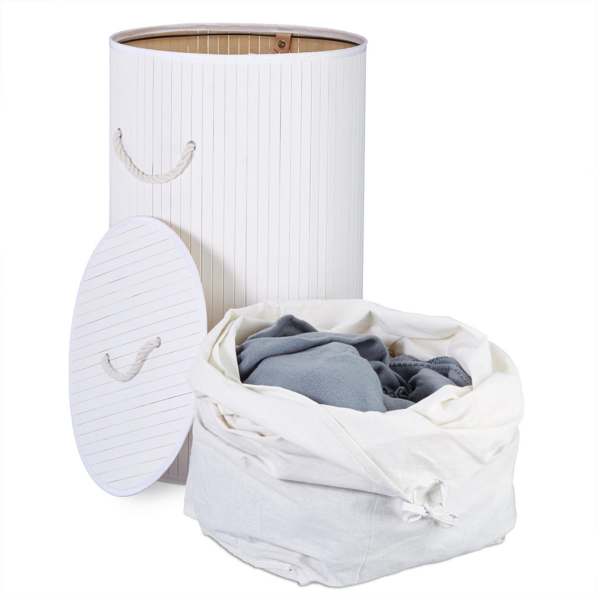 WÄSCHEKORB Weiß Bambus rund mit Deckel faltbar 70 l - Weiß, Holz/Textil (41/65/41cm) - Relaxdays