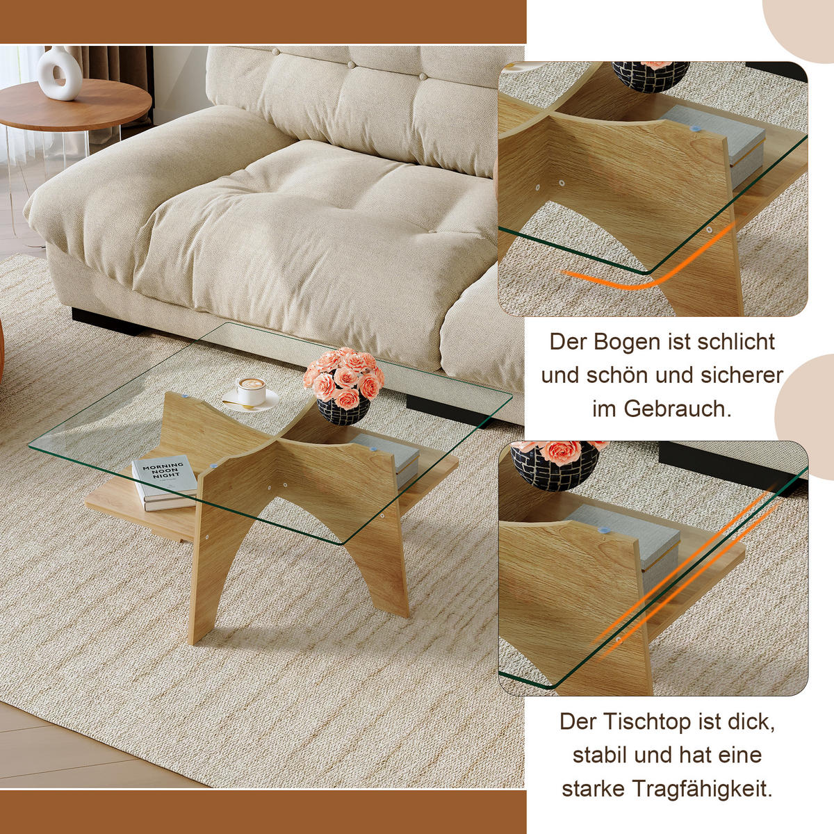 COUCHTISCH in Naturfarbe Moderner quadratischer Beistelltisch mit Holzoptik für Esszimmer und Wohnzimmer, B80/T80/H40 cm - Transparent/Naturfarben, Glas/Holzwerkstoff (80/80/40cm) - STILVORA