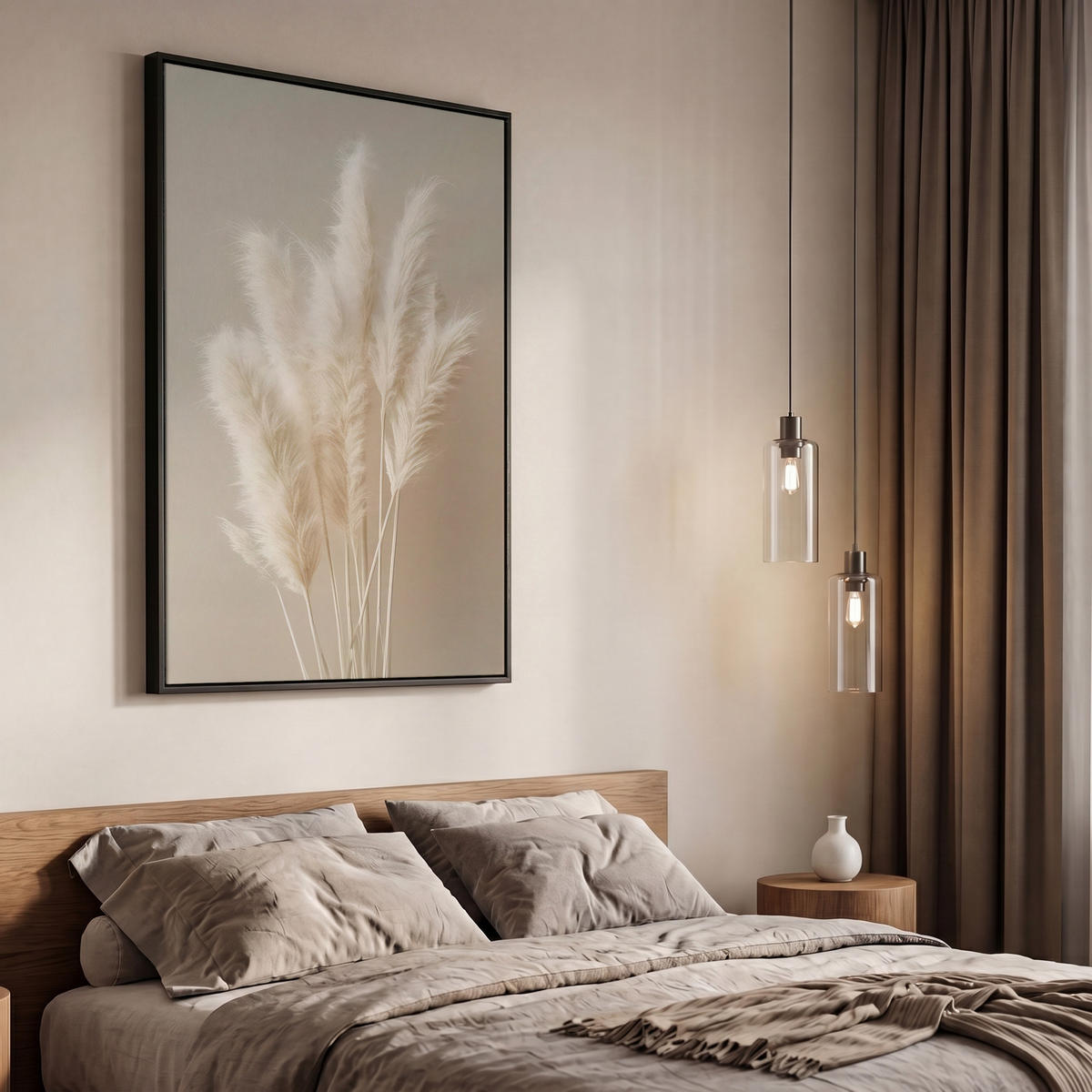LEINWAND Bilder mit Rahmen - Pampasgras - Federn - Pastell - Weiß - 60x90 - Naturfarben, Textil (60/90cm) - MuchoWow