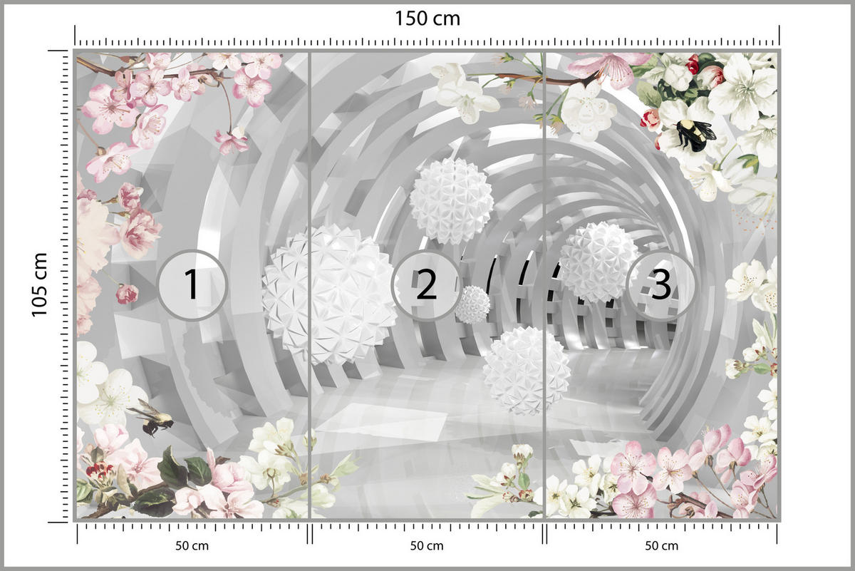 FOTOTAPETE für Wohnzimmer Tunnel mit BLUMEN KUGELN Floral Perspektive 150x105 - Rosa/Weiß, Papier (150/105cm) - Muralo