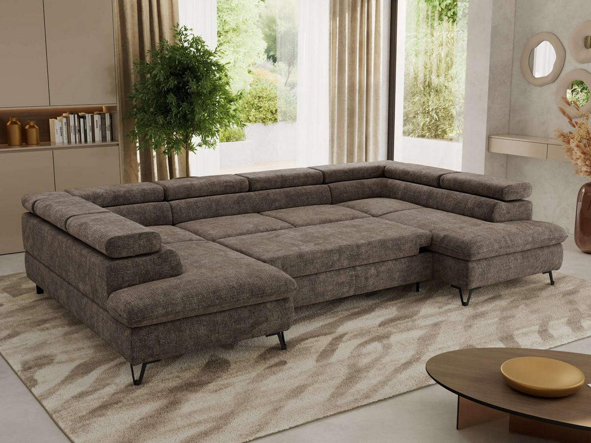 WOHNLANDSCHAFT PABLO U Schenille grob gewebt Braun - Schwarz/Braun, Textil/Metall (346/76/208cm) - MKS