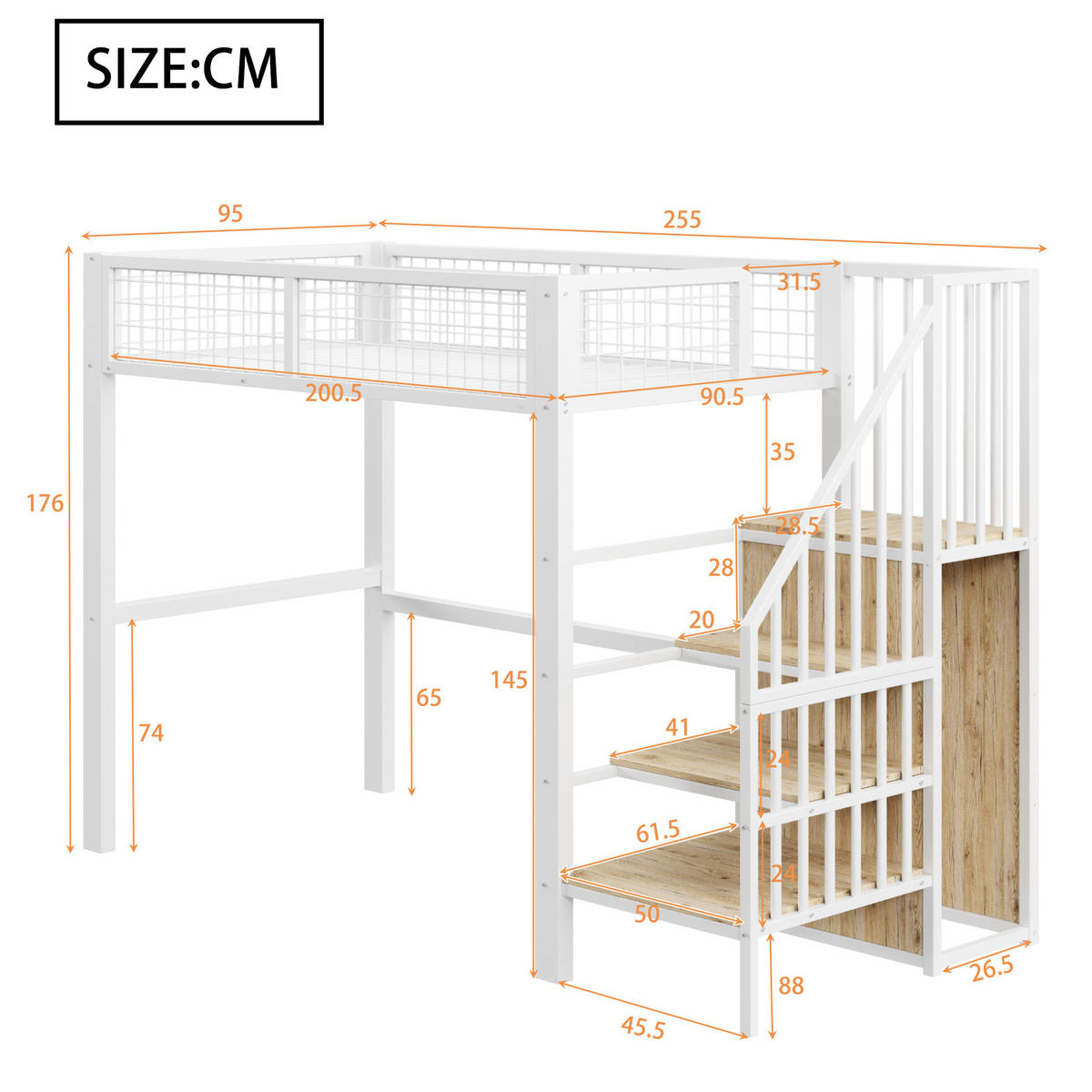 HOCHBETT 90/200 cm in Weiß mit Leiter und Kleiderschrank - Weiß, Metall (90/200cm) - Flora Grace