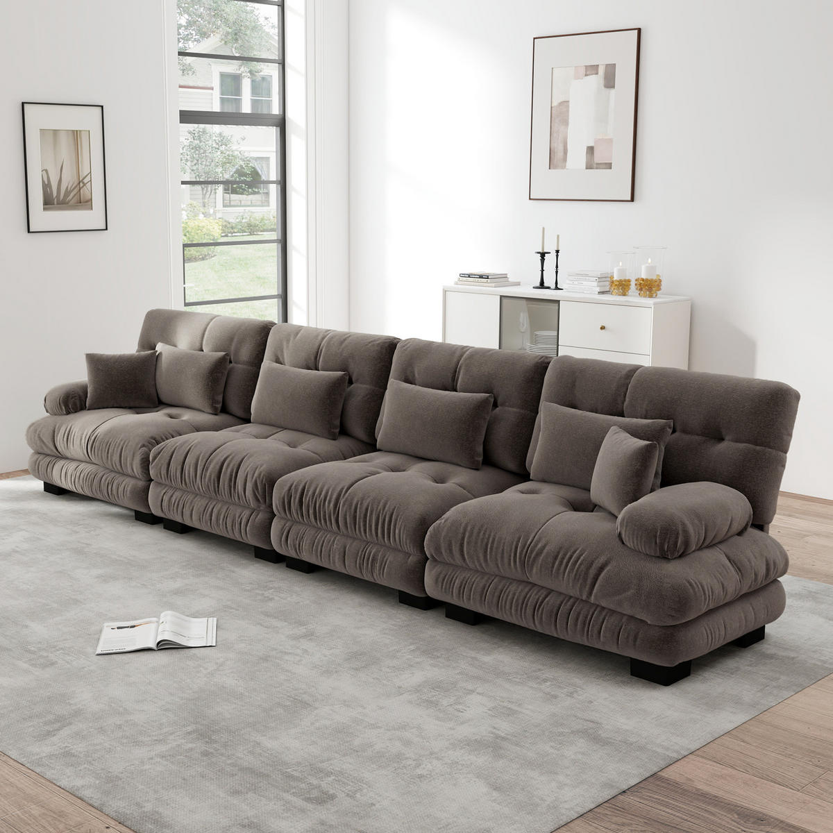 SOFA modular 4-Sitzer Chenille Brown - Dunkelgrau, Kunststoff (77/81/406cm) - Meubliv