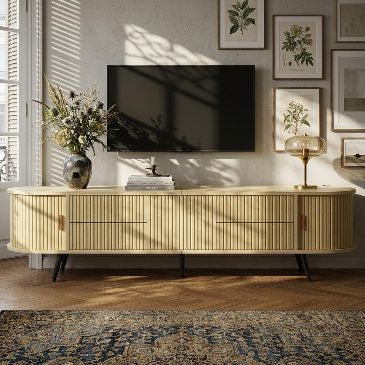 TV-LOWBOARD 180x40x45cm Holzfarbe mit 4 Schubladen und Tür - Naturfarben, Holzwerkstoff (180/45/40cm) - FLIEKS