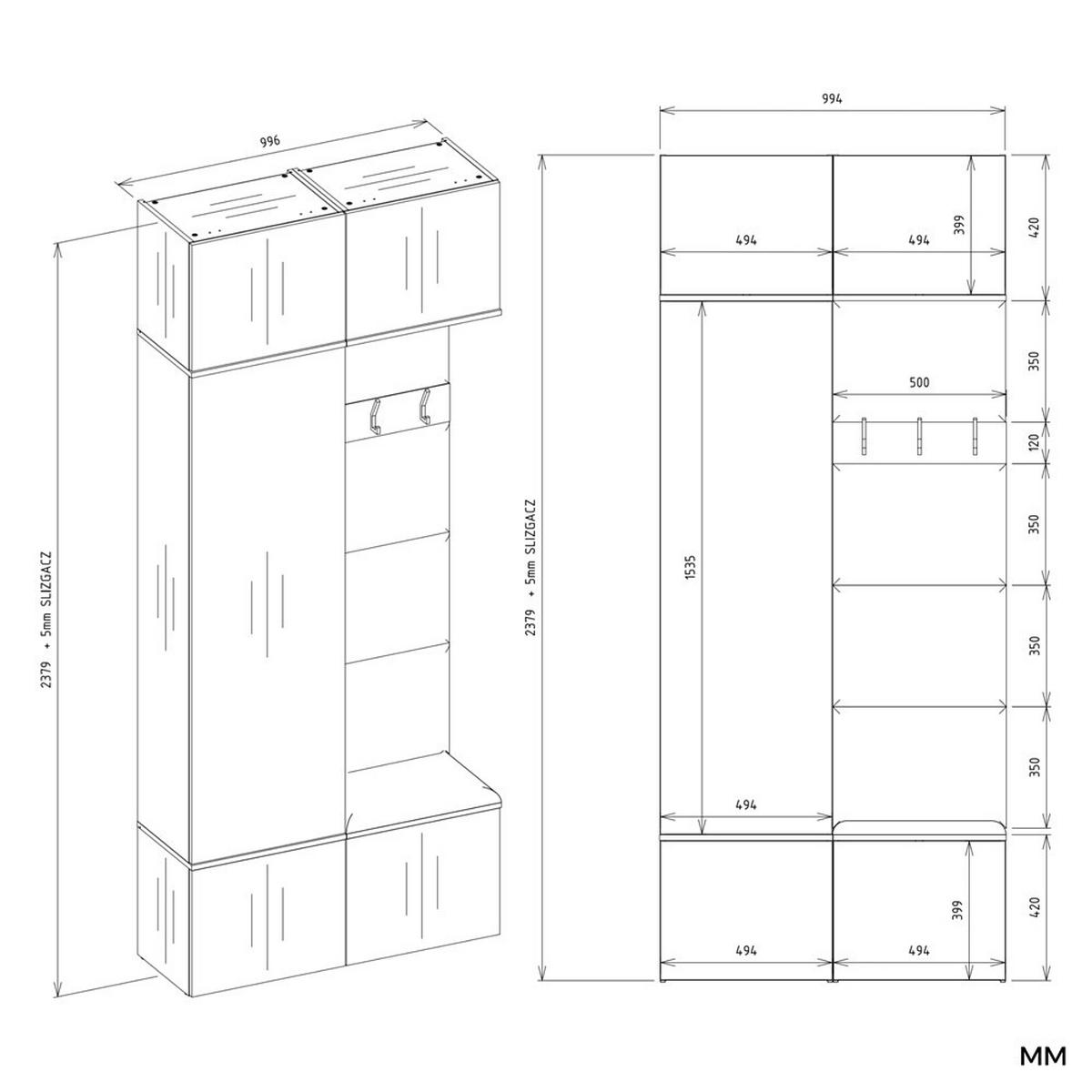 ANSAMBLU DE HOL – Cuier dublă cu bancă, cârlige și dulapuri superioare, stejar Sonoma 100/238/35 - stejar Sonoma, compozit lemnos (100/238/35cm) - RAUMHIRSCH FURNITURE
