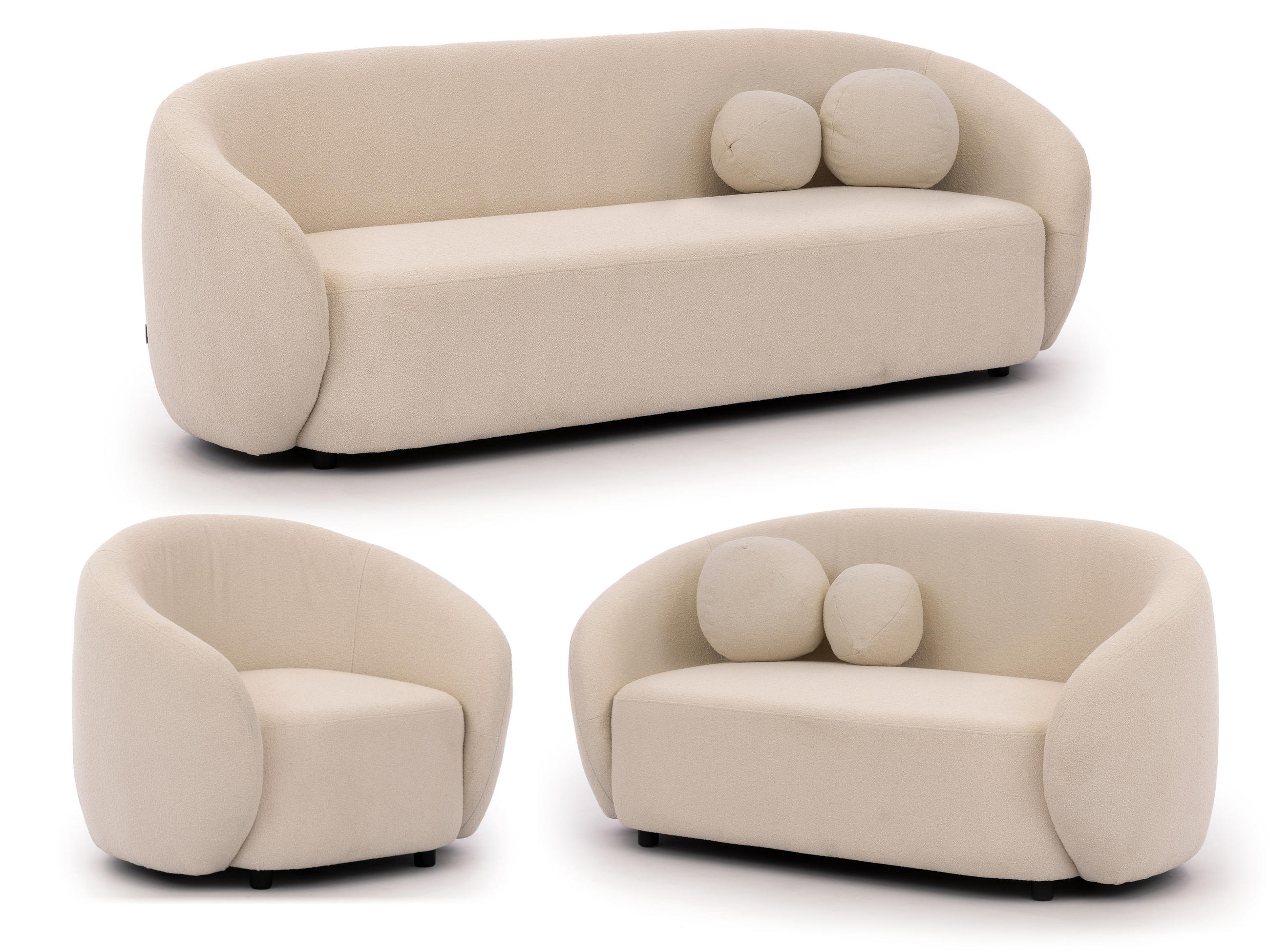 SITZGARNITUR 3+2+1 Roundi Cremeweiß Bouclé - Creme/Schwarz, Holz/Kunststoff (208/76/80cm) - S-Style Möbel