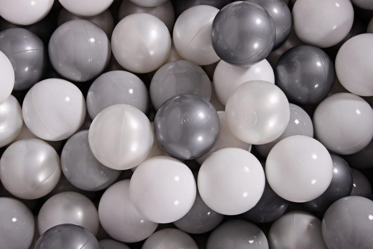 BÄLLE für Bällebad, Spielbälle, Plastikbälle für Kinder Set 50 pcs.: Grau/Perlweiß/Silber/Weiß - Weiß/Grau, Textil (7/7/7cm) - MeowBaby