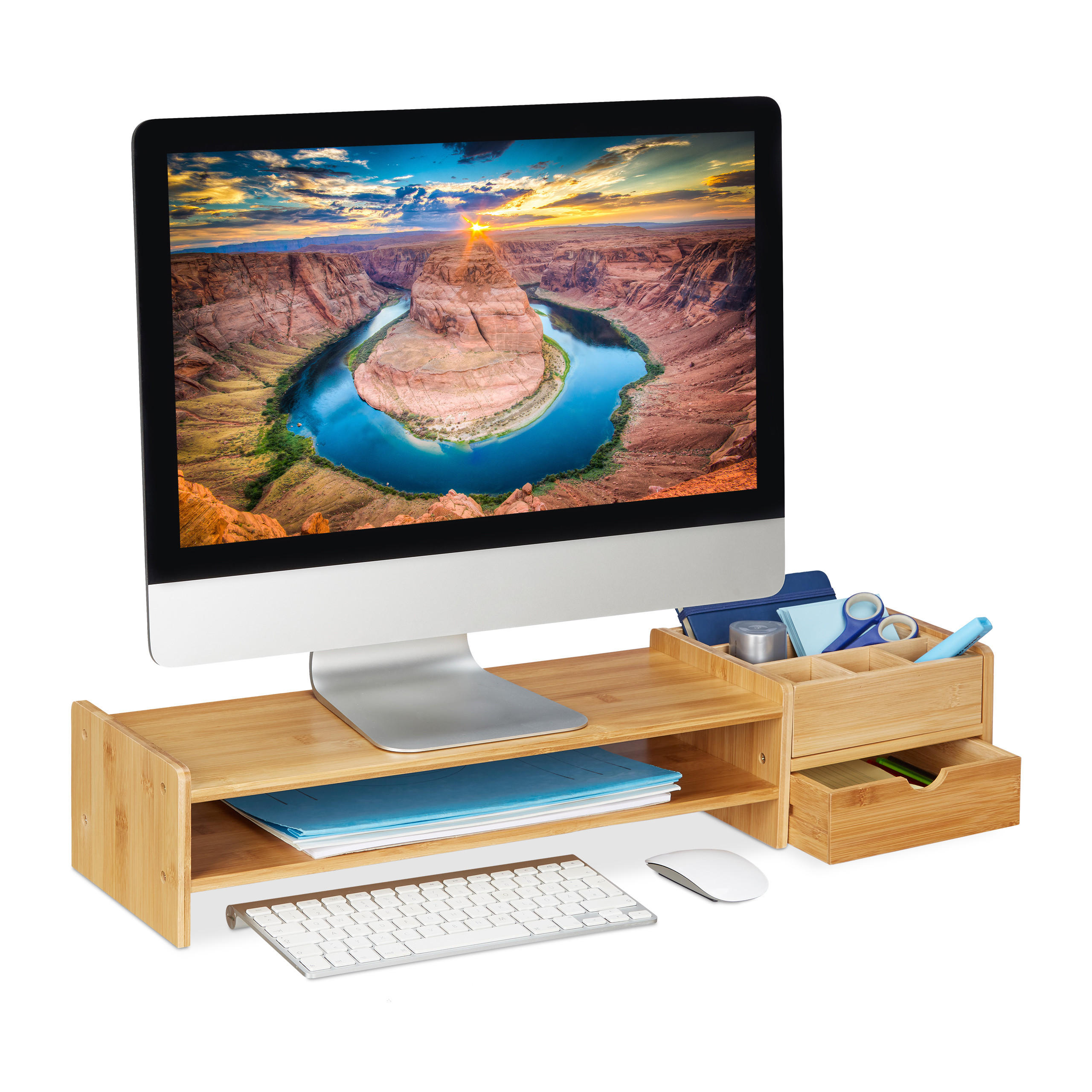 MONITORSTÄNDER Natur Bambus mit Schublade 70 cm - Hellbraun, Holz (19/70/13cm) - Relaxdays