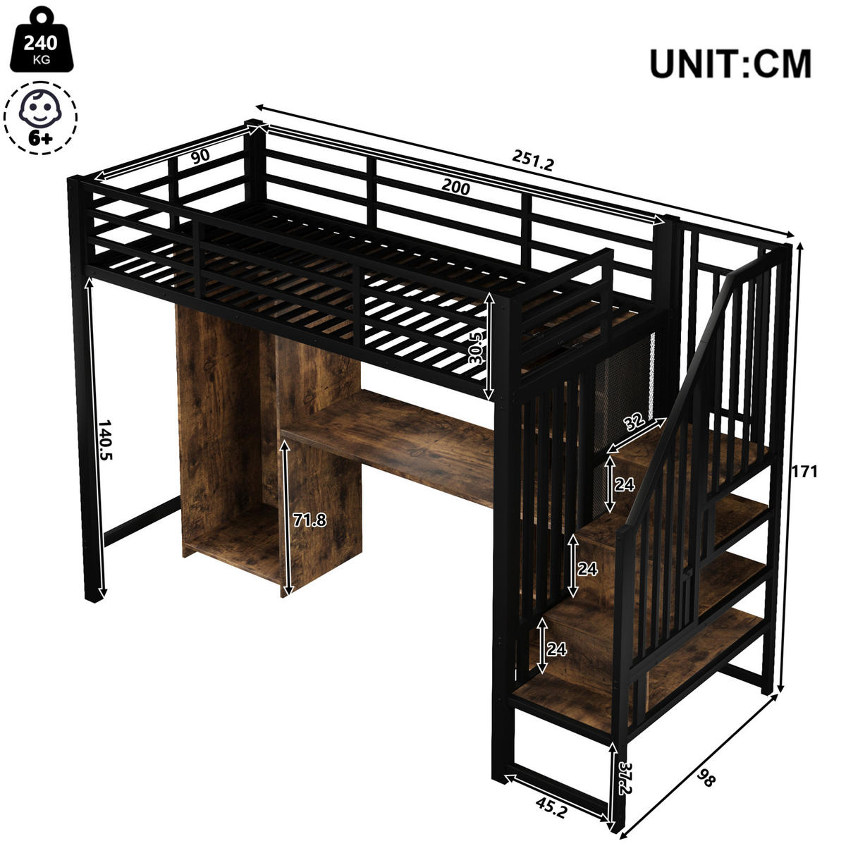 HOCHBETT aus Metall und MDF 90x200 cm Schwarz mit Kleiderschrank, Schreibtisch und Stauraumtreppe - Schwarz, Metall (90/200cm) - IVMEU