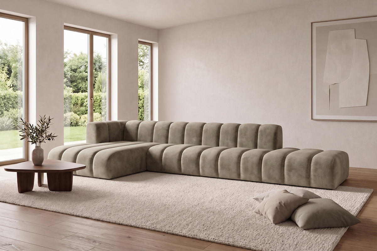ECKSOFA Modulares In L-Form Mit Hocker, Velvet-Stoff Riviera, Beige, Links, GRAND - Beige, Holz (386/179cm) - Kaiser Möbel