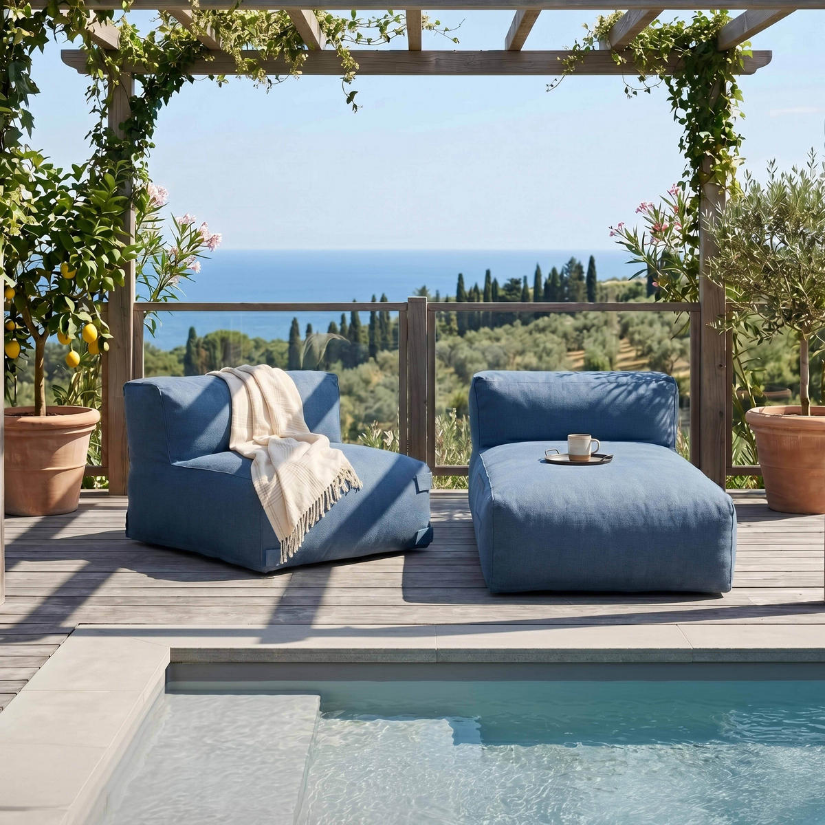 GARTENSOFA mit 2 Sitzplätzen, Pazifikblau - Blau, Textil - Oviala