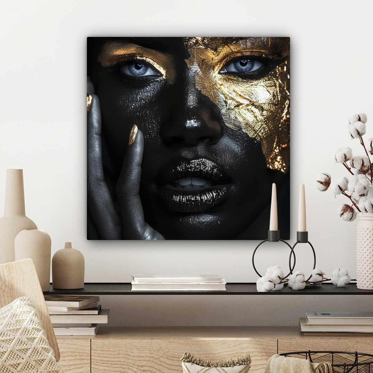 LEINWANDBILD Frau - Gold - Porträt - Schwarz-Weiß - Luxus 50x50 cm - Hellblau, Textil (50/50cm) - MuchoWow