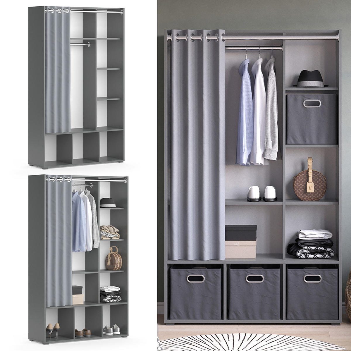 KLEIDERSCHRANK Luigi Grau 105.8 x 178.1 cm mit Vorhang-Kleiderstange - Grau, Holzwerkstoff (38/178.1/105.8cm) - Vicco