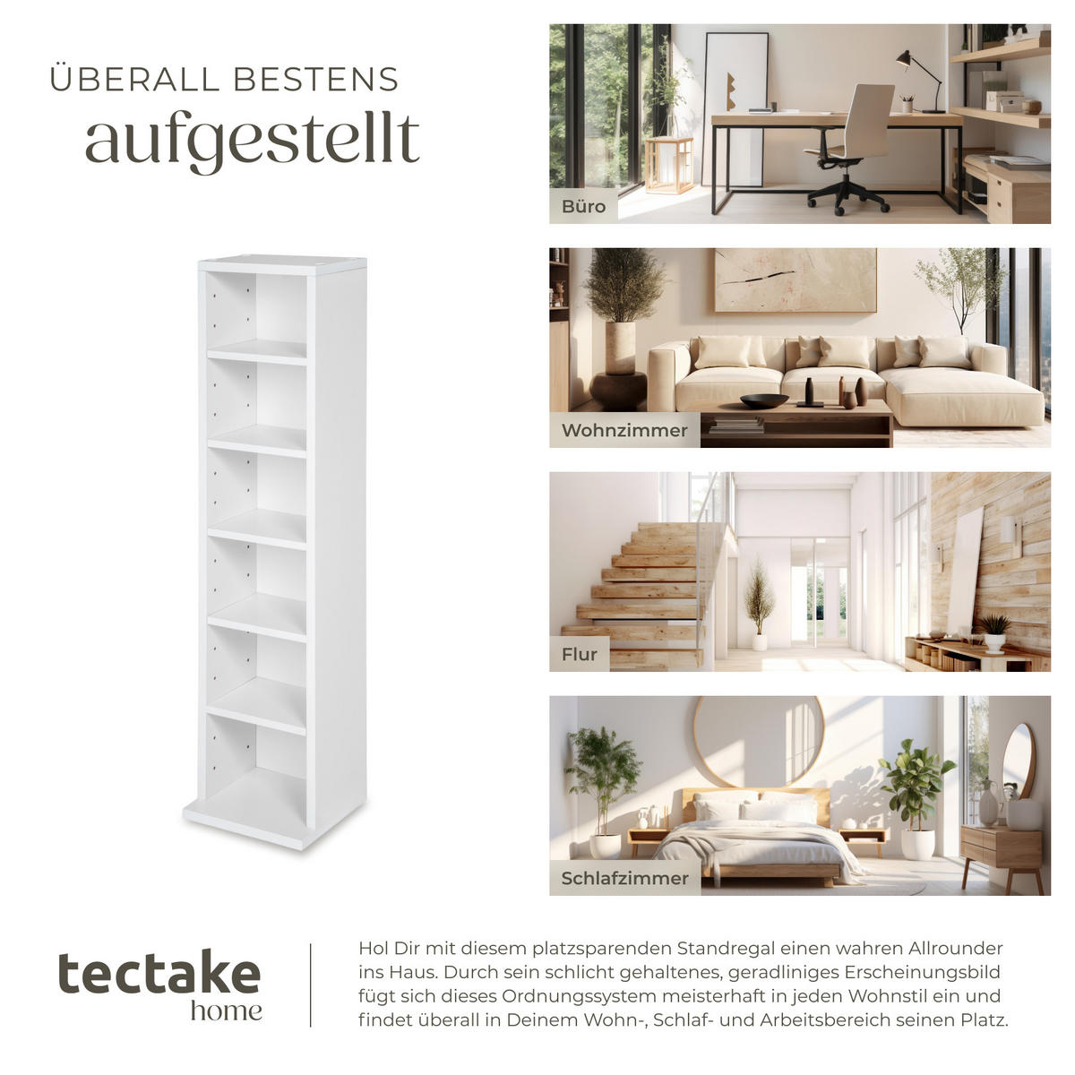 CD/DVD Regal Juliane,90 x 21 x 20 cm,weiß - Weiß, Holz (21/90/20cm) - tectake