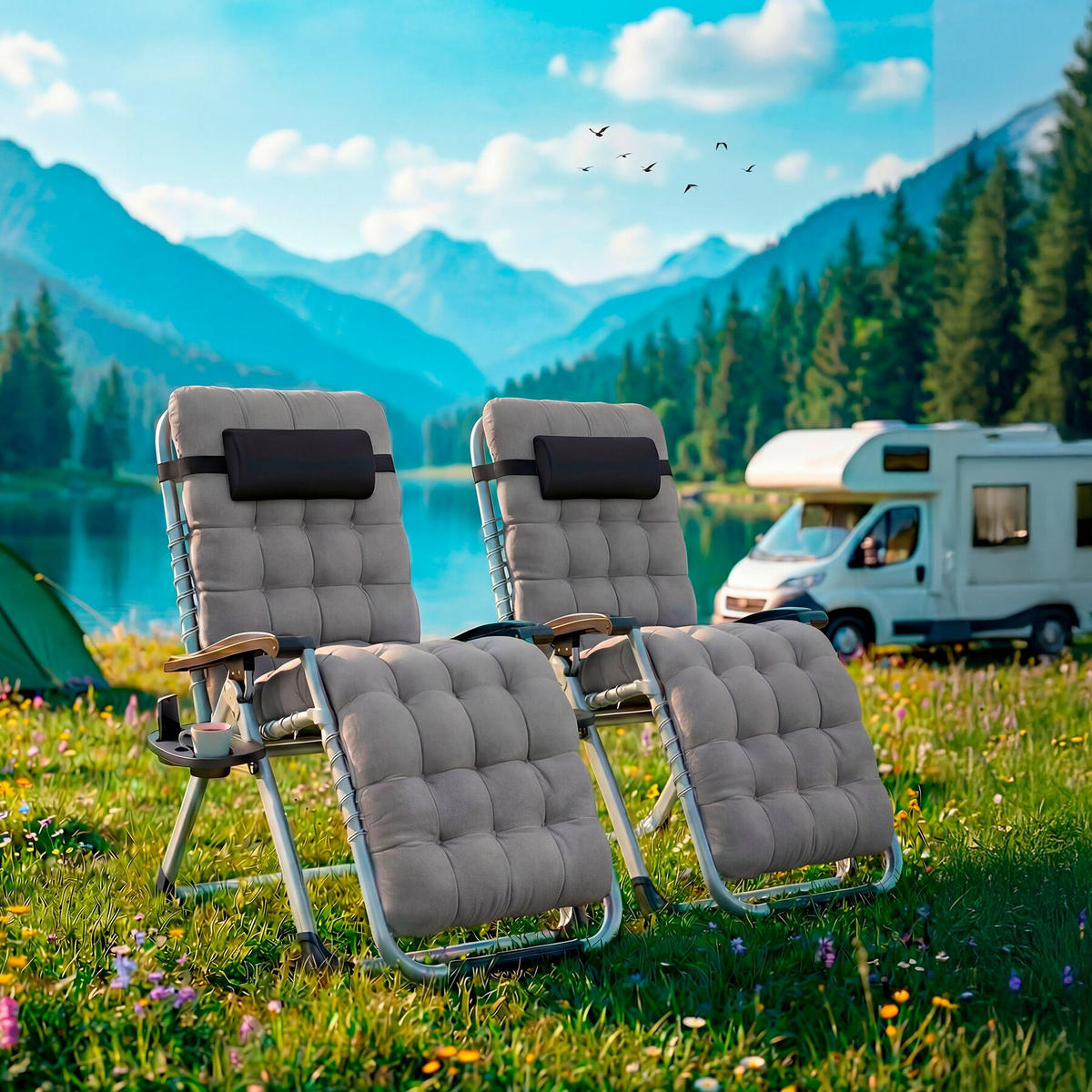 SONNENLIEGE 2er Set Cloud, 84 x 168 x 82,5 cm, mit Ablagetisch, hellgrau - Hellgrau, Kunststoff (84/103/113cm) - tectake