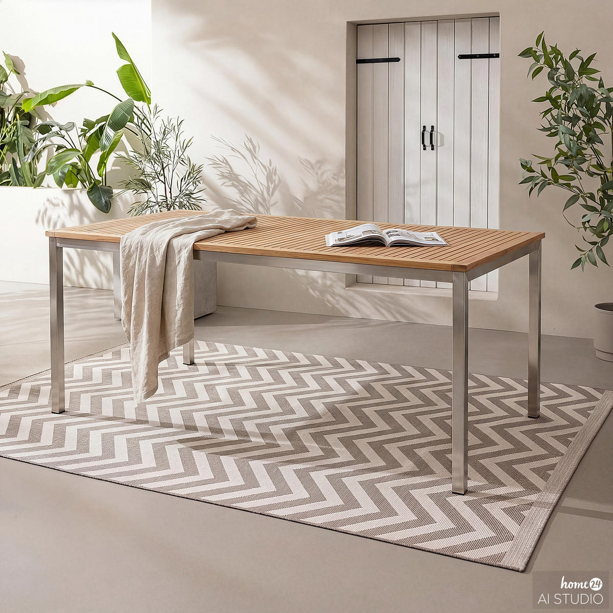 GARTENTISCH - Teak massiv / Edelstahl - Silberfarben/Braun, Holz/Metall (90/180/75cm) - home24