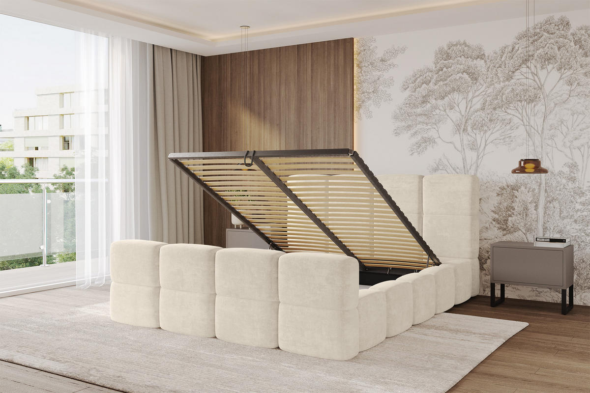POLSTERBETT mit Bettkasten und Lattenrost, Bett mit Kopfteil, Boxbett ohne Matratze, Doppelbett mit Stauraum - NATA-Z 120x200 Beige - Cappuccino, Holzwerkstoff/Textil (120/200cm) - ALTDECOR
