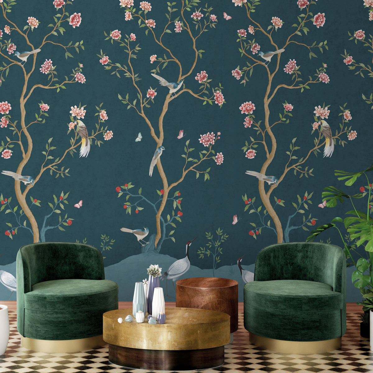 FOTOTAPETE Blumen und Vögel 159 x 280 cm - Blau, Papier (159/280cm) - Sanders & Sanders