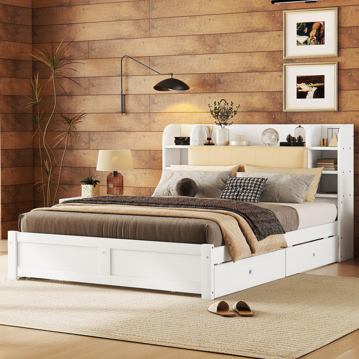 BETT 160/200 cm weiß mit vier Schubladen und aufklappbarem Kopfteil - Weiß, Holz (160/200cm) - OKWISH