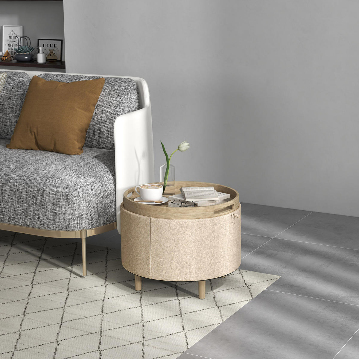 POUF DE-16380 3-in-1 mit reversiblem Deckel und Holzbeinen Beige - Beige, Textil (56/42/56cm) - ComfortXL