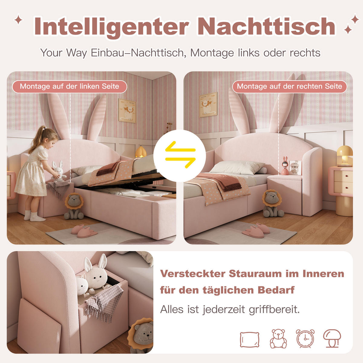 KINDERBETT 90/200 cm aus Samt mit Hasenohren-Optik und Nachttisch Rosa - Rosa, Textil (90/200cm) - Modenvie