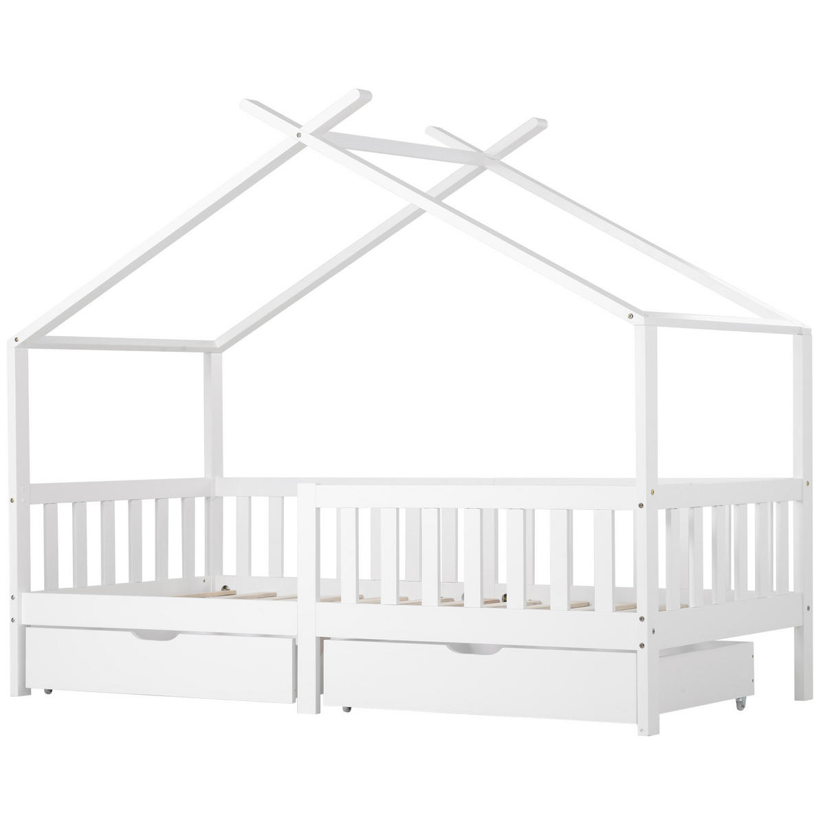 HAUSBETT 90/200 cm in Weiß – mit Satteldach, Zaun und 2 Schubladen - Weiß, Holz (90/200cm) - BEAOK
