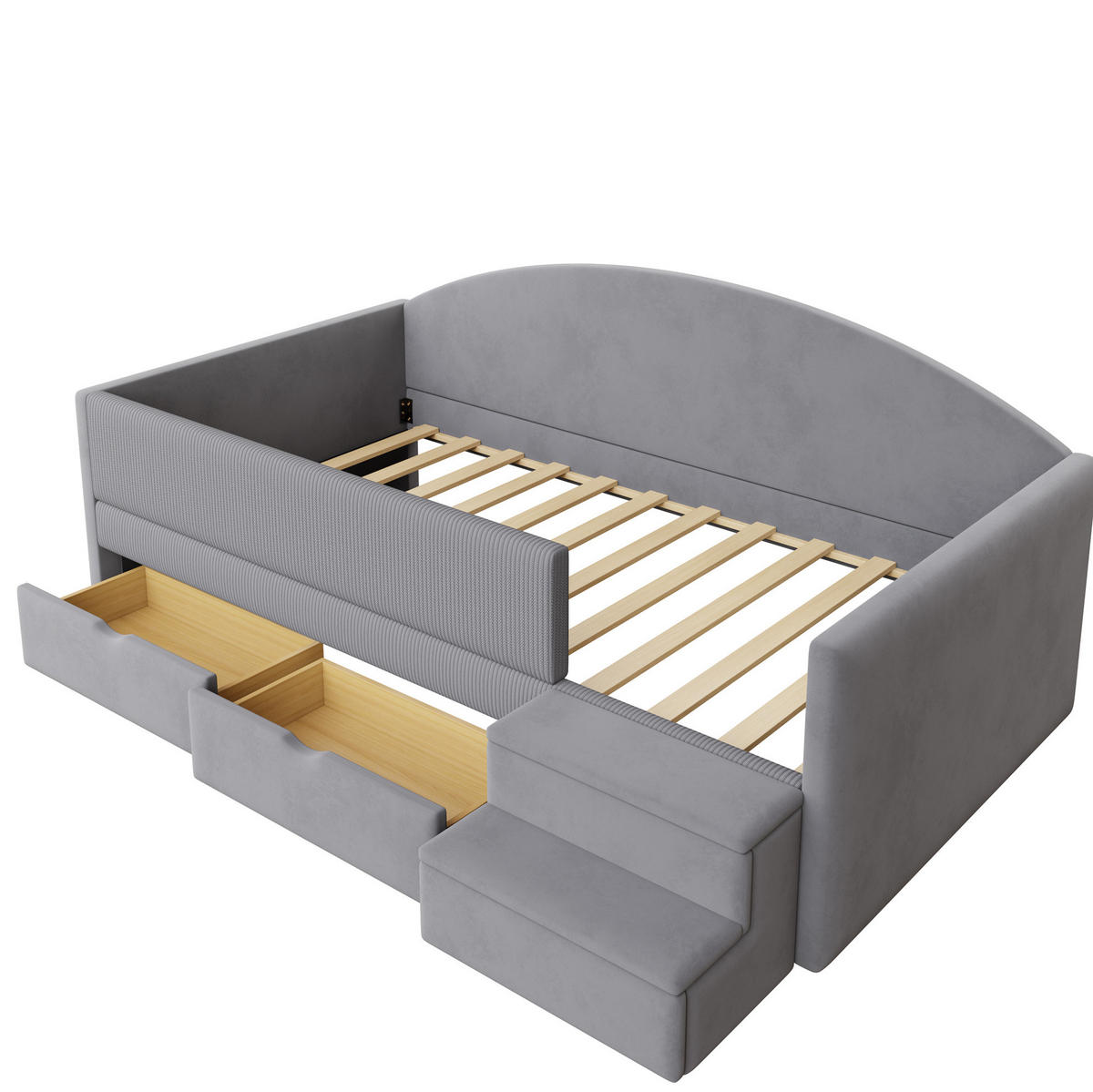 POLSTERBETT 90/190 cm aus Samt mit Schubladen und Stufen, Hellgrau - Türkis, Textil (90/190cm) - OKMYHOME