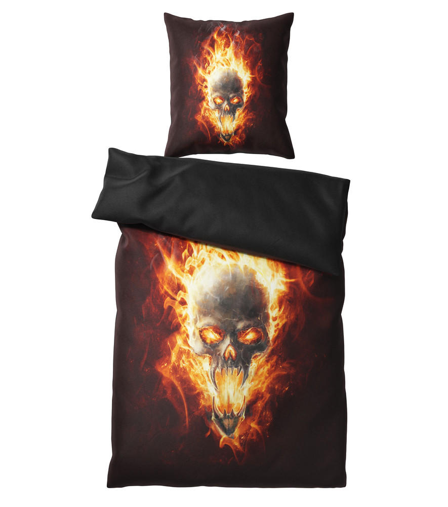 BETTWÄSCHE 2-teilig Totenkopf in Flammen - Braun, Naturmaterialien (135/200cm) - Sanilo