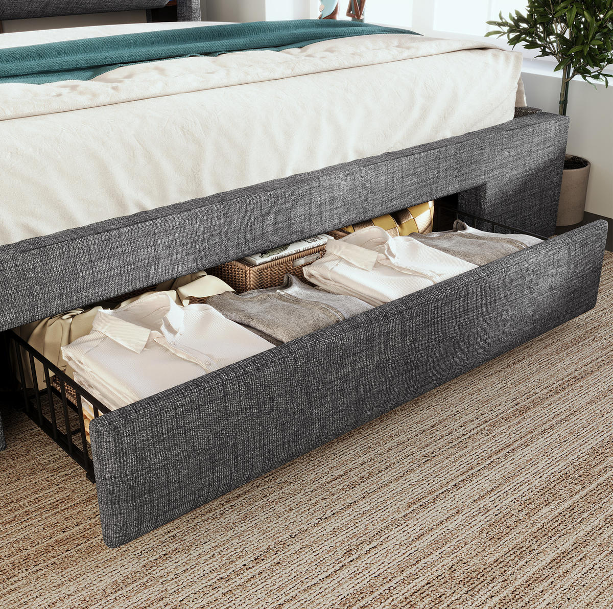 POLSTERBETT 140/200 cm Grau aus Leinen mit Stauraum - Grau, Textil (140/200cm) - OKMYHOME