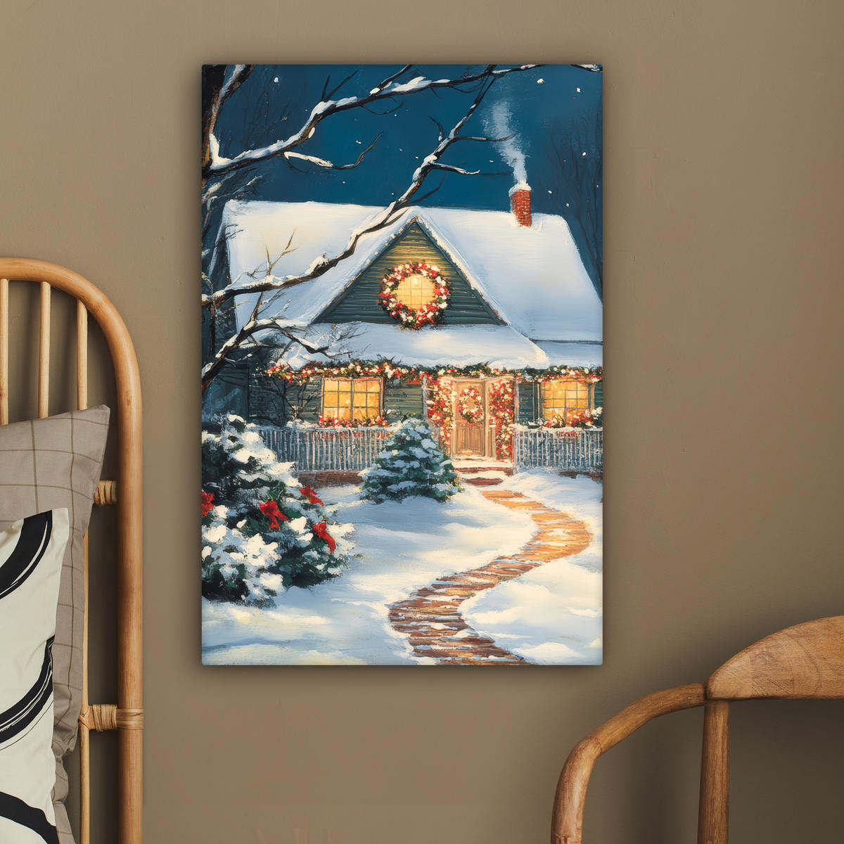 LEINWANDBILD Weihnachten - Weihnachtsbaum - Winter - Zuhause - Schnee 60x90 cm - Smaragdgrün, Textil (60/90cm) - MuchoWow