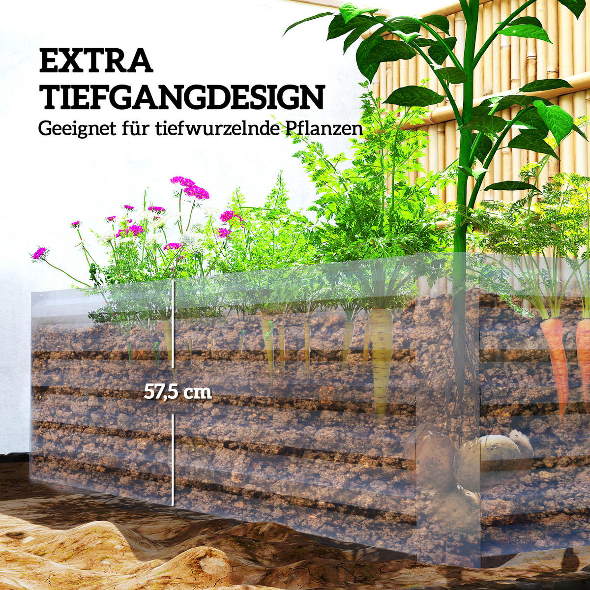 HOCHBEET Metall 180 x 90 x 57,5 cm Tief Gartenbeet mit Offenem Boden Stützstange - Dunkelgrau, Metall (90/57.5/180cm) - Outsunny