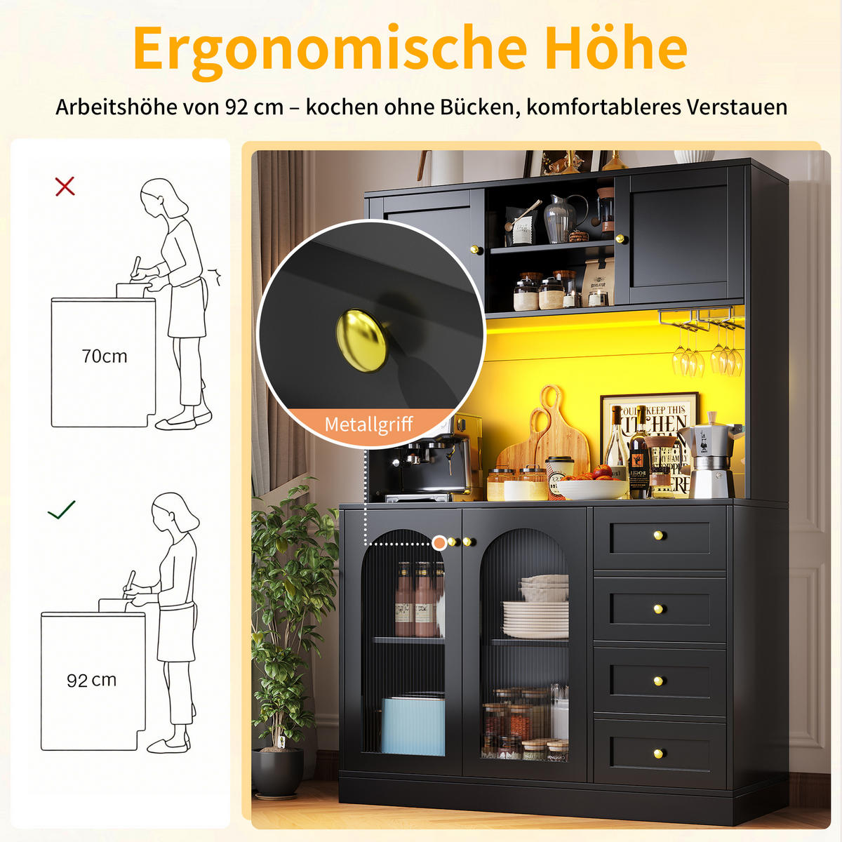 HIGHBOARD in Schwarz mit LED-Lichtleiste und Schubladen für Küche und Wohnzimmer, B120/T40/H188 cm - Schwarz, Glas/Holzwerkstoff (120/188/40cm) - STILVORA