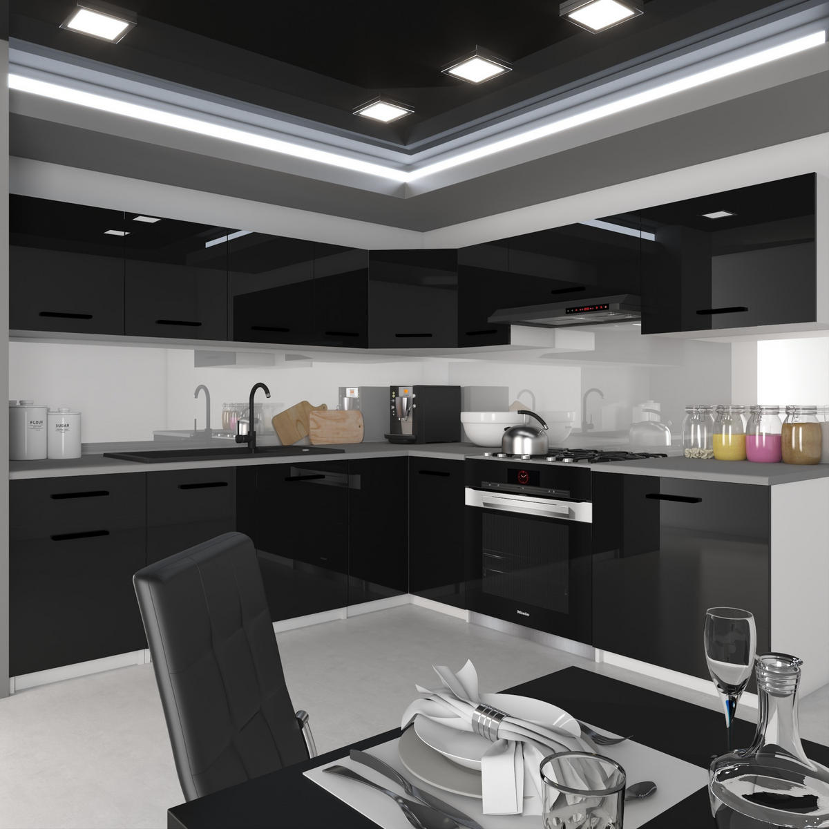 KÜCHENZEILE Italia 7 420 cm , mit Arbeitsplatten, Schwarz - Schwarz, Holz (420/143/60cm) - B BELINI GROUP