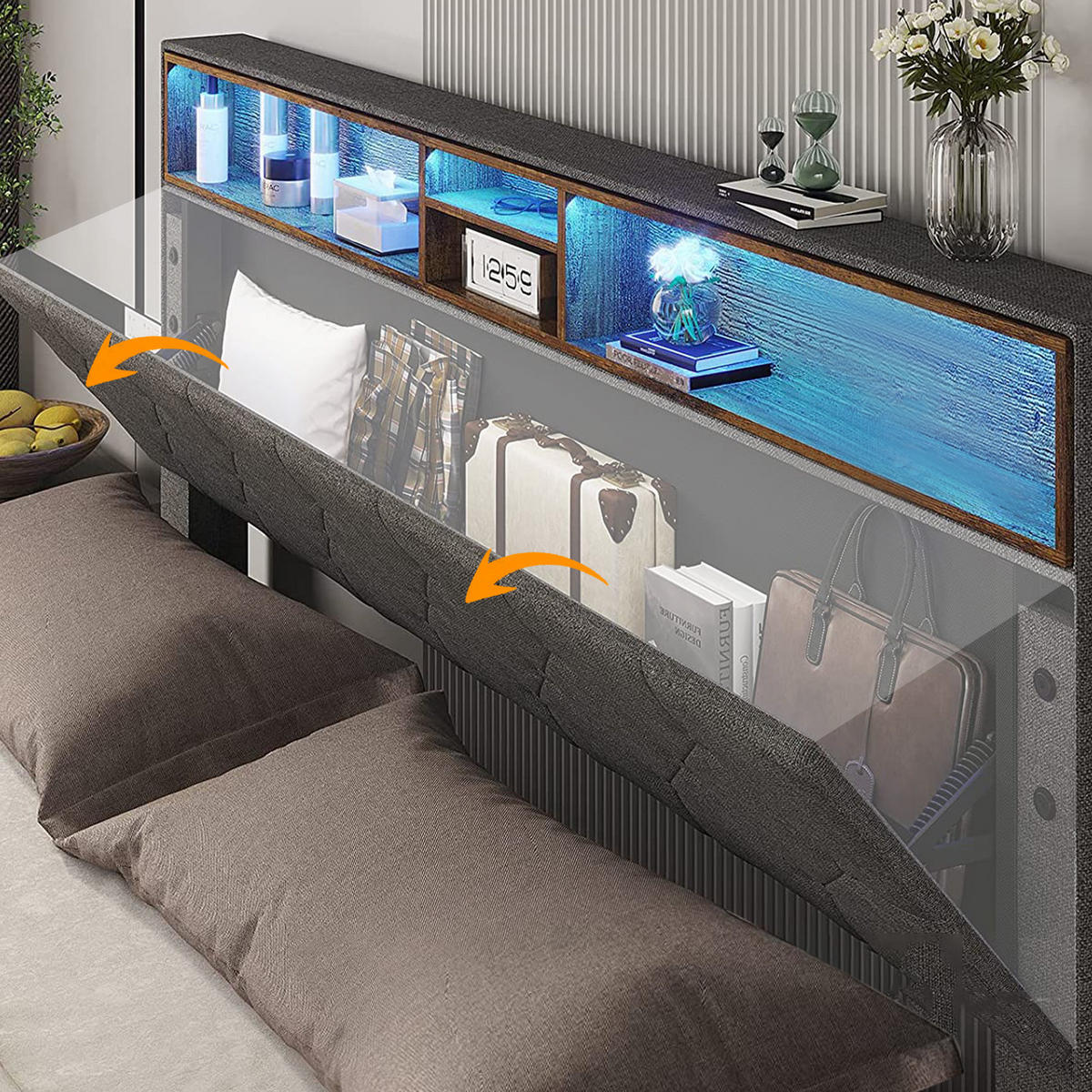 POLSTERBETT 140/200 cm DE-00430, in Grau, Stauraum-Kopfteil und LED - Grau, Holz (140/200cm) - ComfortXL
