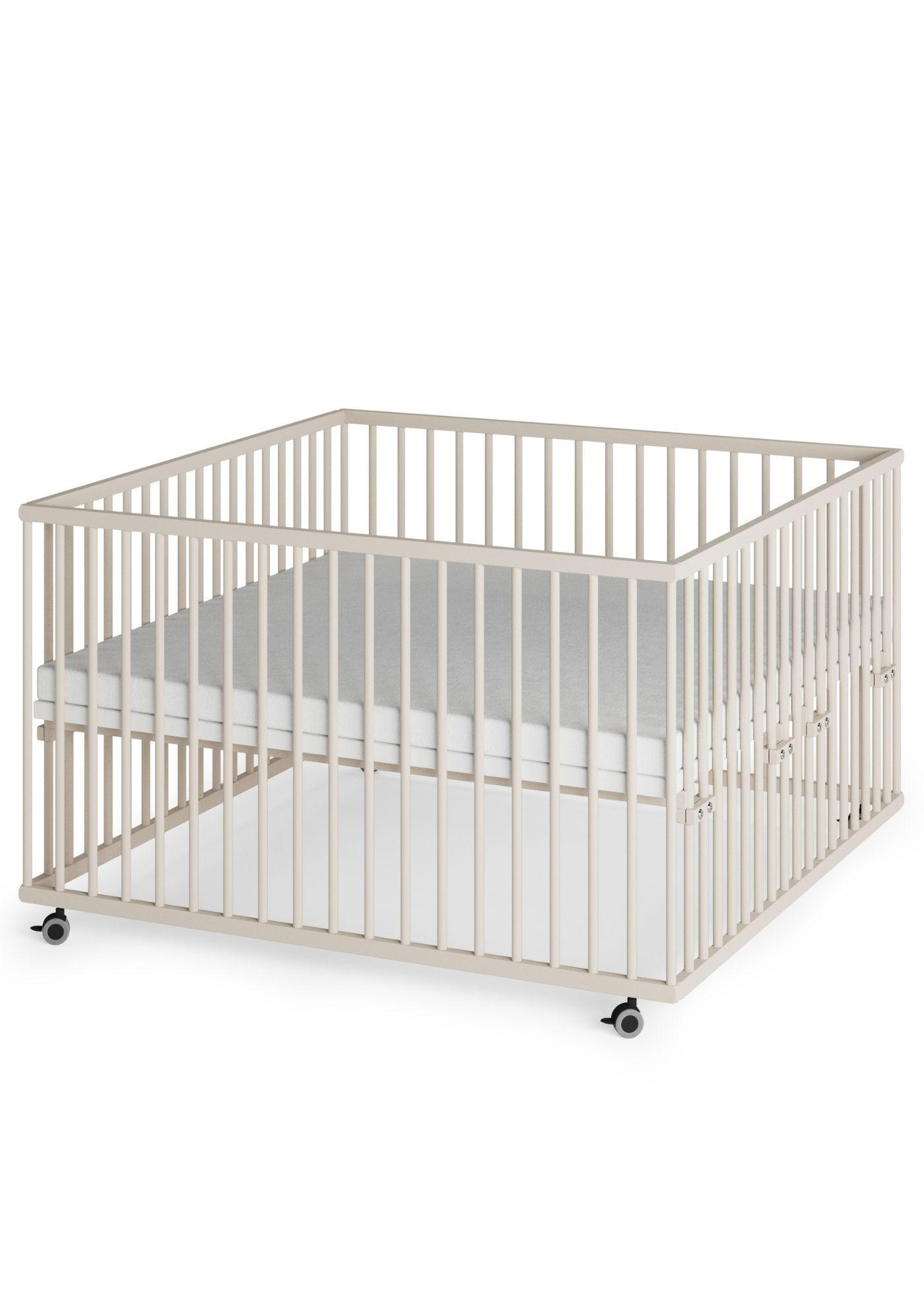 LAUFGITTER XXL 120x120 cm mit Matratze Cloud Air & Schlupfsprossen - sahara dust - Premium Kollektion - Sandfarben, Holz (120/74/120cm) - Sämann – make a difference.