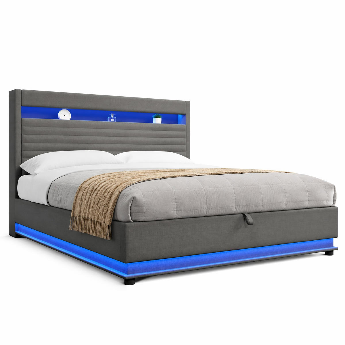 POLSTERBETT 180/200 cm in Grau mit Bettkasten, LED und USB Typ-C aus Leinen - Grau, Holzwerkstoff/Textil (180/200cm) - CHICFURN
