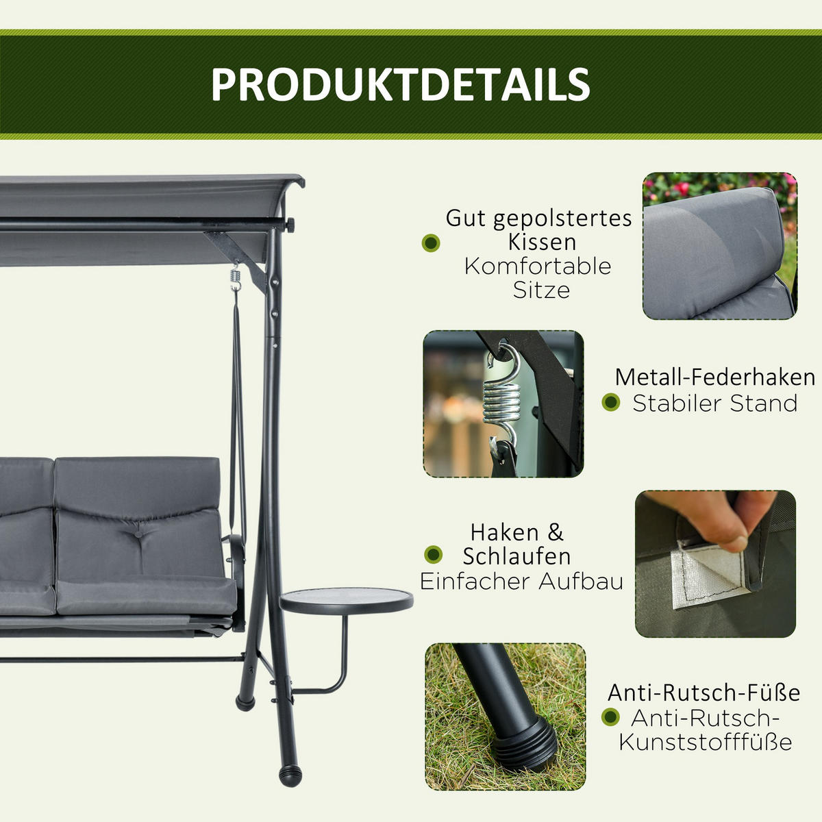 HOLLYWOODSCHAUKEL 3 Sitzer Tisch grau schwarz - Grau, Metall (271/177/125cm) - LEBENLANG